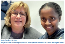 Photo of the 20,000th VerA Mentor-Mentee Tandem, Antje Strauche with the prospective orthopaedic shoemaker Amen Temesgen Weldu