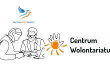 drawing of mentor and mentee, logo of MAB and Centrum Wolontariatu
