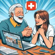 AI generated image of an older male mentor and a younger female mentee sitting in front of a laptop with a Swiss flag between them