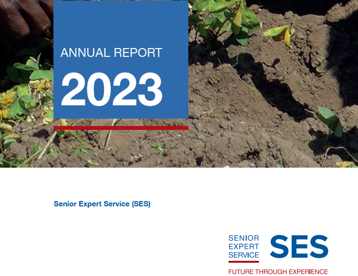 Cover page annual report 2023 with SES logo and image of soil
